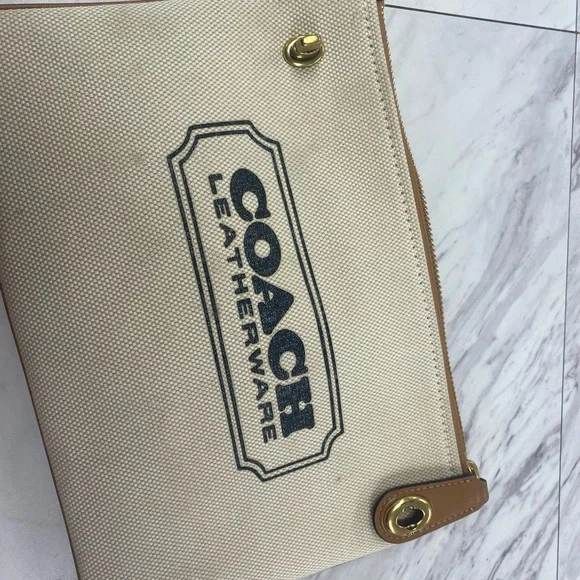 Coach Beige Canvas Zip Pouch with Leather Trim - Picture 2 of 4